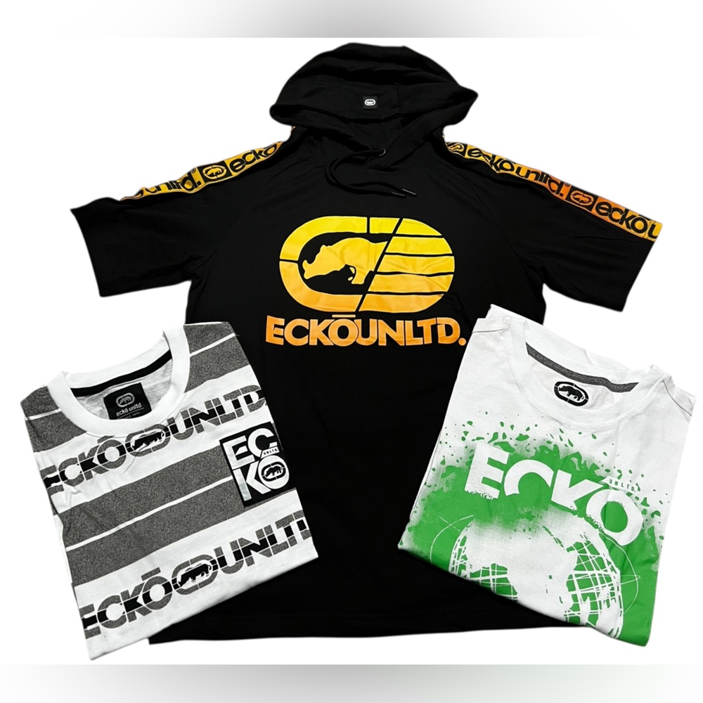 Ecko Unlimited men's 3 t-shirt bundle short sleeve hoodie black white‎ medium